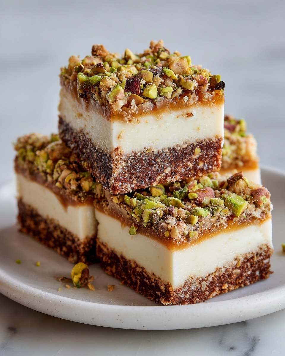 A close-up view of three square pieces of dessert stacked closely together on a white marbled surface. Each piece has three clear layers: a crumbly, dark brown base with a rough texture at the bottom; a thick, smooth, creamy white middle layer; and a top layer covered densely with crushed green pistachios and caramelized bits that add a crunchy texture. The surface looks slightly sticky with a golden caramel glaze, giving a shiny finish to the topping. The pieces are arranged in a triangular shape, showing the side and front details clearly. Photo taken with an iphone --ar 4:5 --v 7