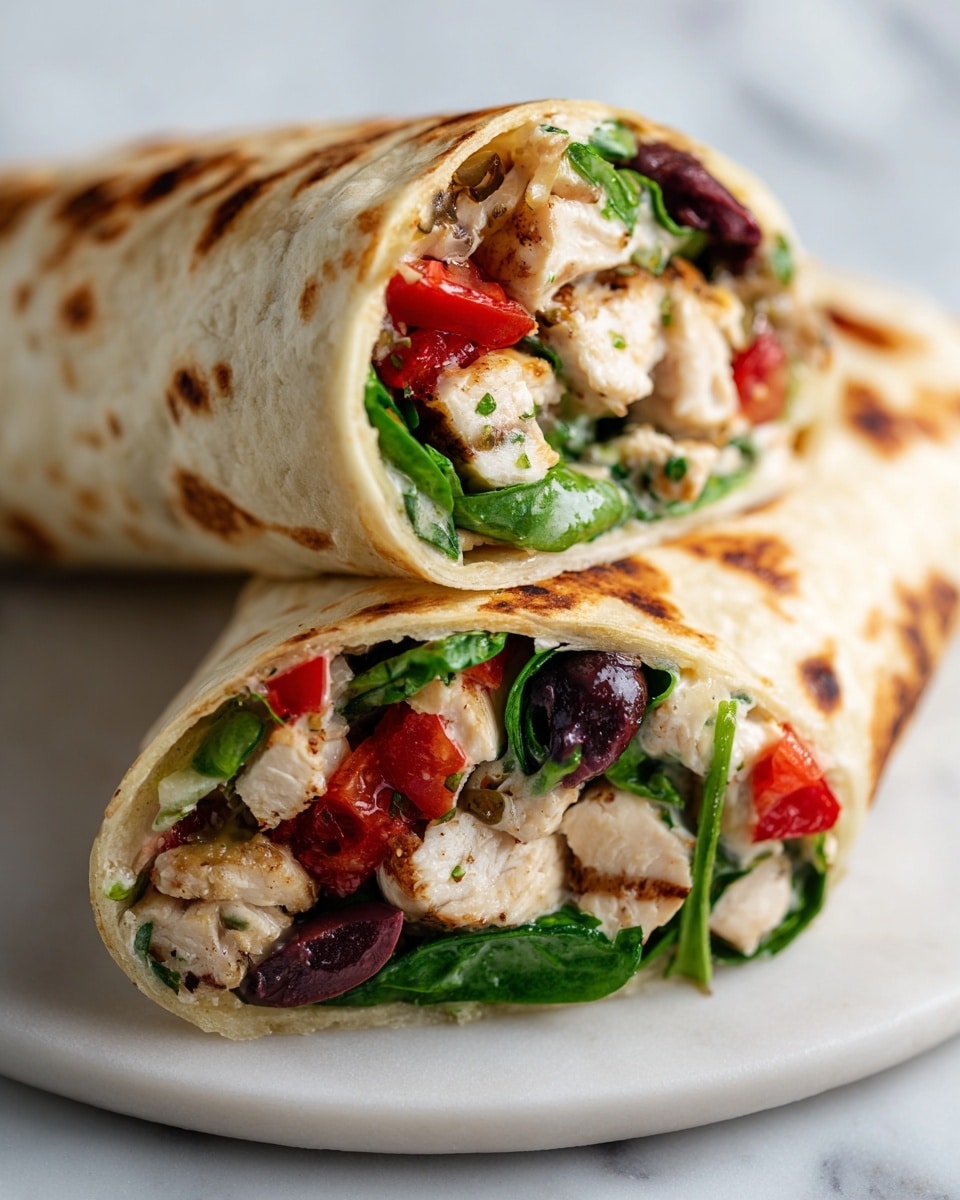 The image shows a close-up of a wrapped sandwich cut in half, revealing three main layers inside the white tortilla wrap. The outer layer is a soft, lightly toasted tortilla with brown char marks. Inside, the first visible layer contains pieces of light brown grilled chicken with a slightly crispy texture. Mixed with the chicken are bright red cherry tomato halves and dark purple olives, scattered throughout. The filling also includes fresh green spinach leaves, adding a leafy texture between the chicken and vegetables. The wrap is tightly rolled, showing all the colorful ingredients in a neat, compact way. The background is a white marbled texture. Photo taken with an iphone --ar 4:5 --v 7