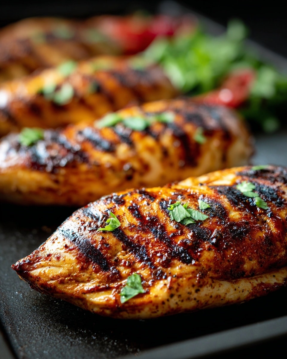 The image shows four grilled chicken breasts with dark brown grill marks, stacked closely with slight overlapping on a white plate. The chicken has a glossy, slightly charred surface, garnished with chopped green herbs on top. Around the edges of the plate, there are halved bright green limes and some blurred green leaves in the background. The plate sits on a white marbled surface, creating a clean and fresh look. Photo taken with an iphone --ar 4:5 --v 7