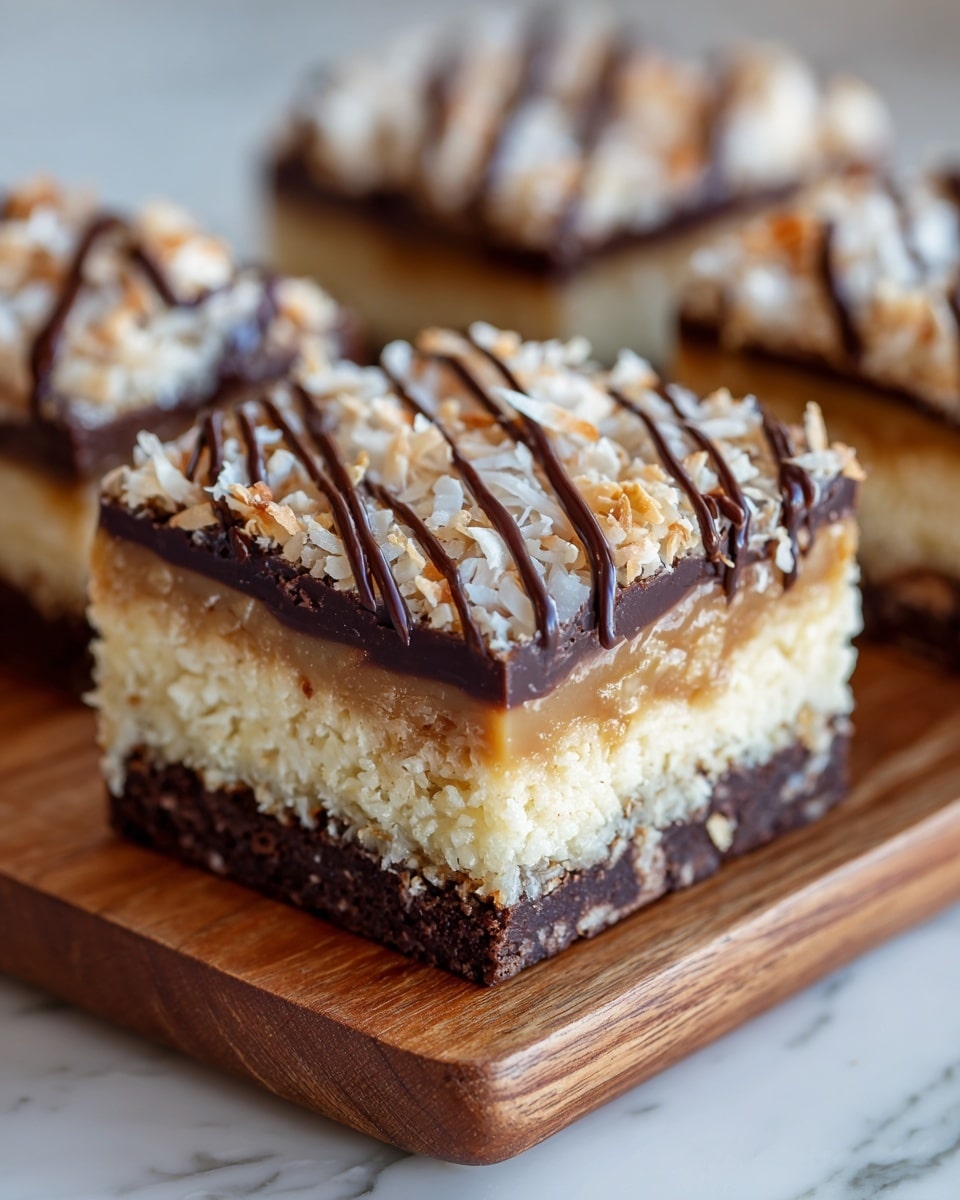 A square dessert bar with three clear layers sits on a wooden board against a white marbled background. The bottom layer is dark brown and crumbly, the middle layer is gooey and light brown with visible nuts, and the top layer is a golden toasted coconut mix evenly spread. Thick lines of dark chocolate are drizzled across the top, adding contrast and shine. Photo taken with an iphone --ar 4:5 --v 7