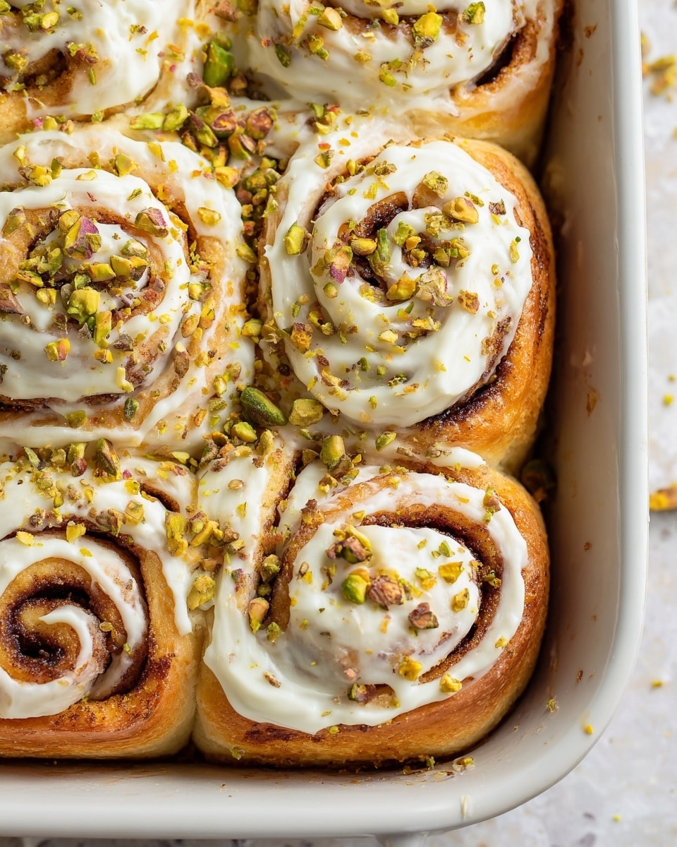 A close-up view of a tray filled with soft cinnamon rolls arranged tightly together in three visible rows. Each roll has a golden-brown dough base with a clear spiral pattern where cinnamon filling is swirled. On top of each roll, there is a smooth layer of white icing that glistens lightly, with crushed green pistachio pieces sprinkled evenly across the surface, adding texture and color contrast. The tray is white, and the background features a white marbled texture, softly out of focus, emphasizing the details of the cinnamon rolls. photo taken with an iphone --ar 4:5 --v 7