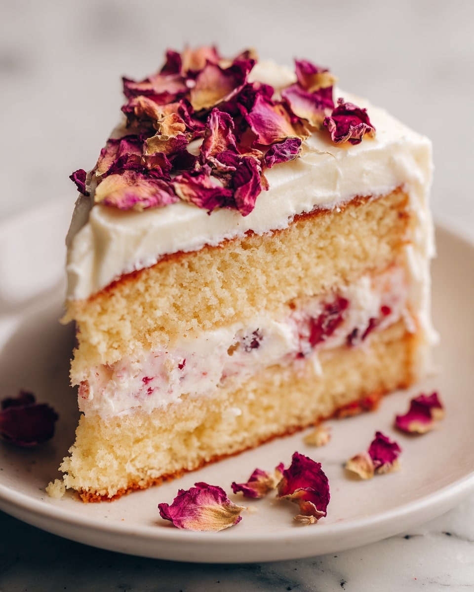 A close-up of a single slice of layered cake on a white plate with a white marbled texture surface, showing two layers of light golden brown sponge cake with visible soft and moist texture, filled with a thick middle layer of creamy pink and white whipped filling that looks fluffy and slightly chunky, topped with a thick layer of smooth white cream, and sprinkled with dried rose petals in shades of deep pink and purple scattered on top and around the plate. Photo taken with an iphone --ar 4:5 --v 7