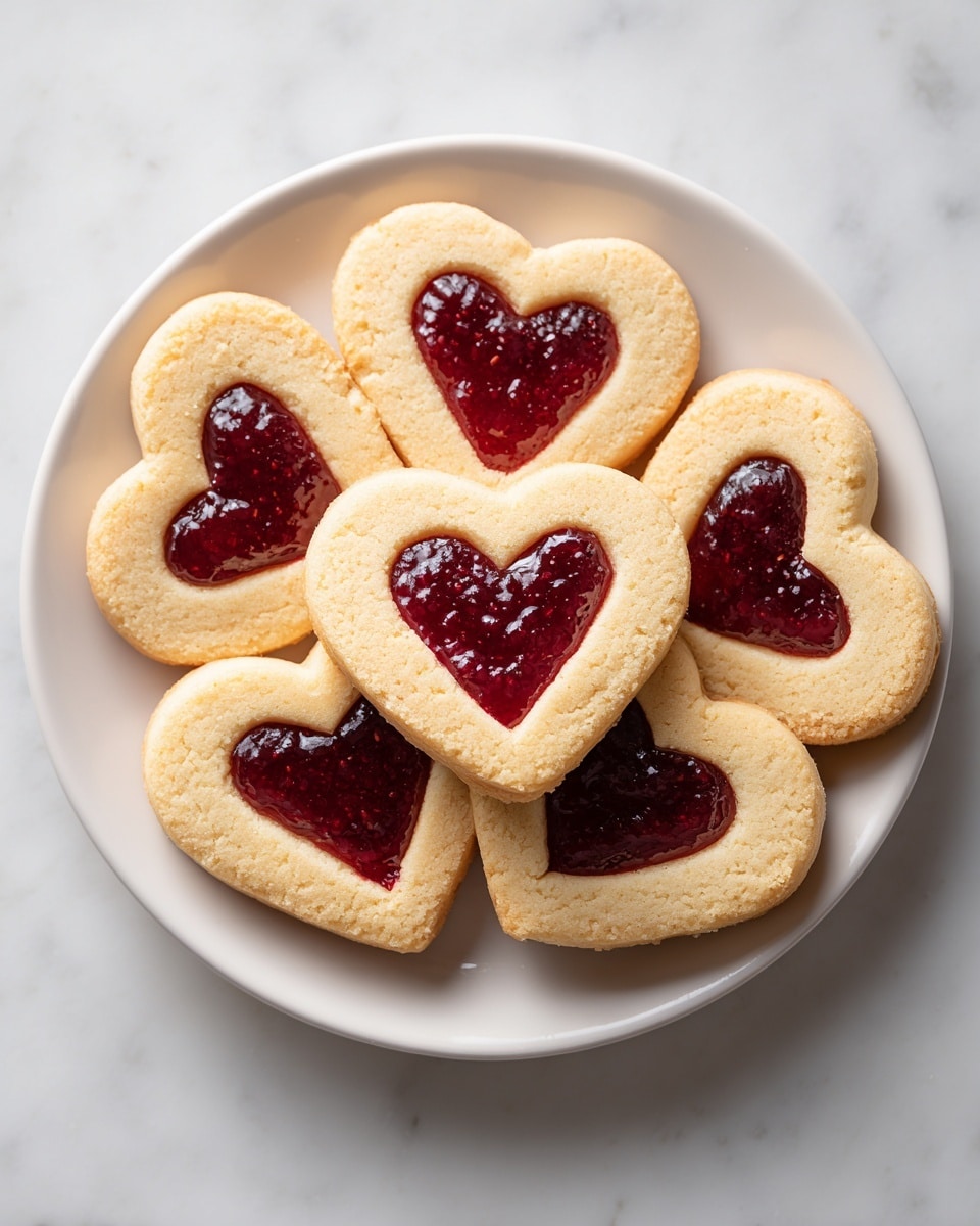 A white plate holds seven heart-shaped cookies stacked in a loose circle, each cookie having two layers: a golden-brown outer cookie layer with a crumbly texture forming the heart shape, and a glossy dark red jam filling in the center heart cut-out, shining under the light. The cookies show a slightly browned edge, adding a crunchy look, while the jam appears thick and smooth with small visible seeds. The background shows a blurred white marbled texture. Photo taken with an iphone --ar 4:5 --v 7