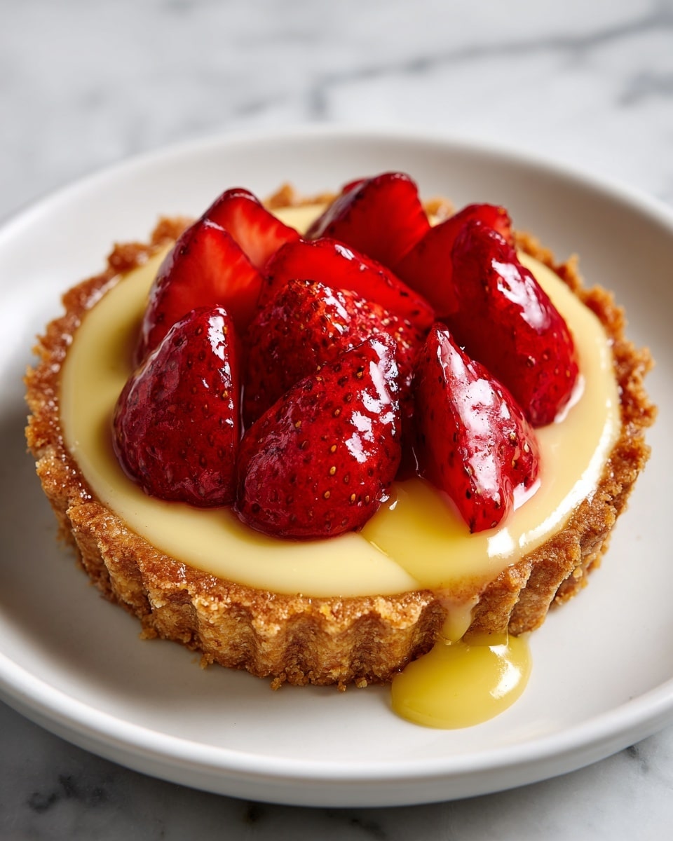 A small tart with three visible layers: the bottom layer is a golden brown, crumbly pastry shell with scalloped edges; the middle layer is a smooth, pale yellow custard filling that fills the tart shell almost to the top; the top layer shows arranged red strawberry halves standing on their cut sides, covered by a thick, glossy, light yellow sauce drizzled over the strawberries and flowing slightly onto the custard. The tart sits on a white plate with a white marbled texture background. photo taken with an iphone --ar 4:5 --v 7