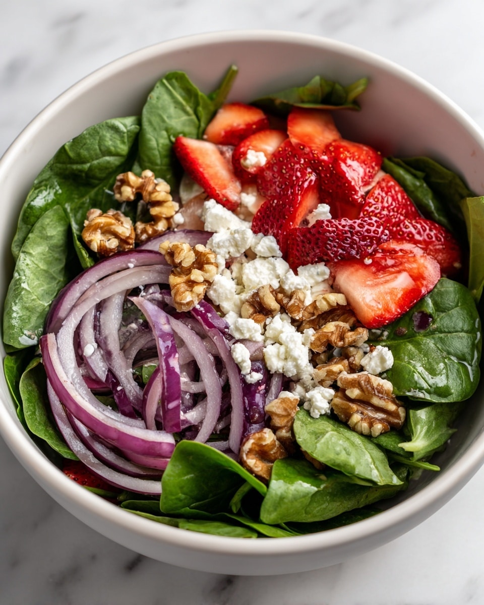 A white bowl filled with a fresh salad layered starting with a base of bright green spinach leaves covering the entire bottom. On top, there are slices of red strawberries evenly spread around the edge and some sliced red tomatoes. In between the strawberries and tomatoes, there are thin rings of purple onion adding detail. Crumbled white cheese is sprinkled generously across the center of the salad, with small clusters of brown walnuts placed randomly over the cheese and greens. The salad sits on a white marbled surface. photo taken with an iphone --ar 4:5 --v 7