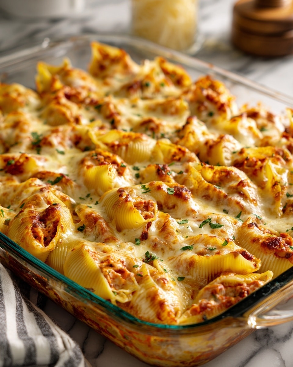 A clear glass baking dish filled with stuffed pasta shells arranged in neat rows, each shell golden yellow with a slightly rough texture, generously topped with melted cheese that is light brown and bubbly in places, with bits of green herbs sprinkled evenly on top. The edges of the dish show more cheese browned with a crispy texture, and the dish sits on a white marbled surface. Photo taken with an iphone --ar 4:5 --v 7