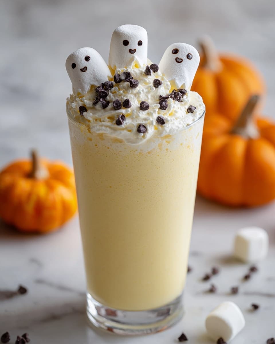 A tall clear glass filled with creamy light yellow milkshake with a smooth texture, topped with a thick layer of white whipped cream sprinkled with tiny dark chocolate chips, and five small cute ghost-shaped white marshmallows sitting on top, with two small orange pumpkins blurred in the background on a white marbled surface. Photo taken with an iphone --ar 4:5 --v 7