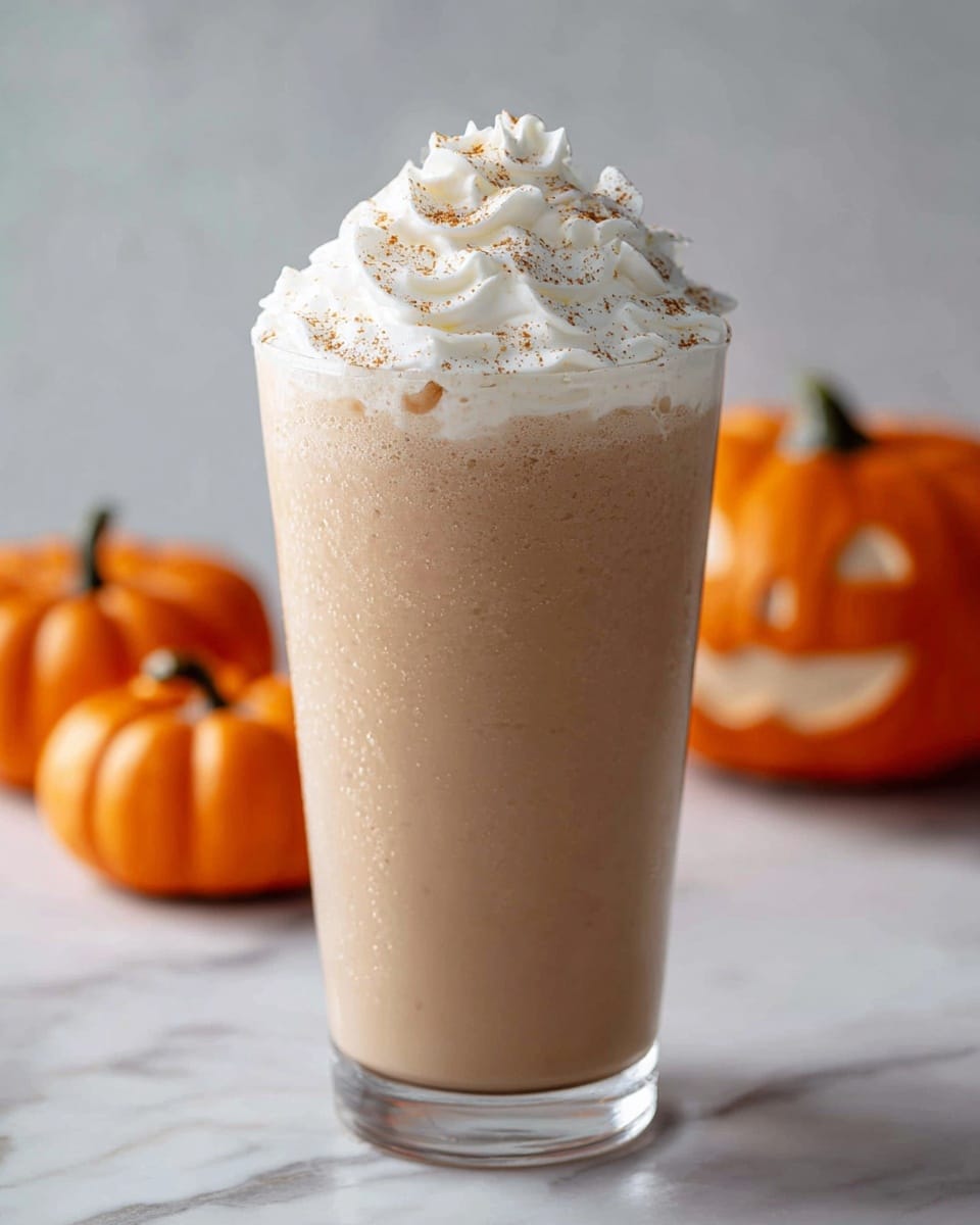 A tall clear glass filled with a light brown creamy milkshake topped with a large swirl of white whipped cream sprinkled with a light dusting of cinnamon or nutmeg. The glass sits on a white marbled surface, with a small bright orange pumpkin to the left and a carved jack-o'-lantern pumpkin with a candle inside to the right in the blurred background. The texture of the milkshake looks smooth and thick, contrasting with the fluffy whipped cream on top. Photo taken with an iphone --ar 4:5 --v 7