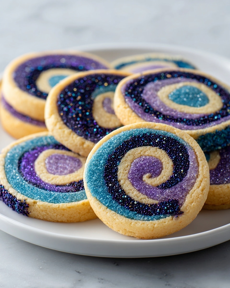 The image shows a close-up of several pinwheel-shaped cookies arranged on a white plate with a white marbled surface underneath. Each cookie has four visible layers: the outermost layer is light yellow with a soft, smooth texture; inside this is a dark purple layer, followed by a lighter purple layer, and finally a small white swirl at the center. The edges of the cookies are decorated with blue and purple sugar sprinkles adding a sparkling effect. One cookie is positioned slightly upright, showing the layers clearly. photo taken with an iphone --ar 4:5 --v 7