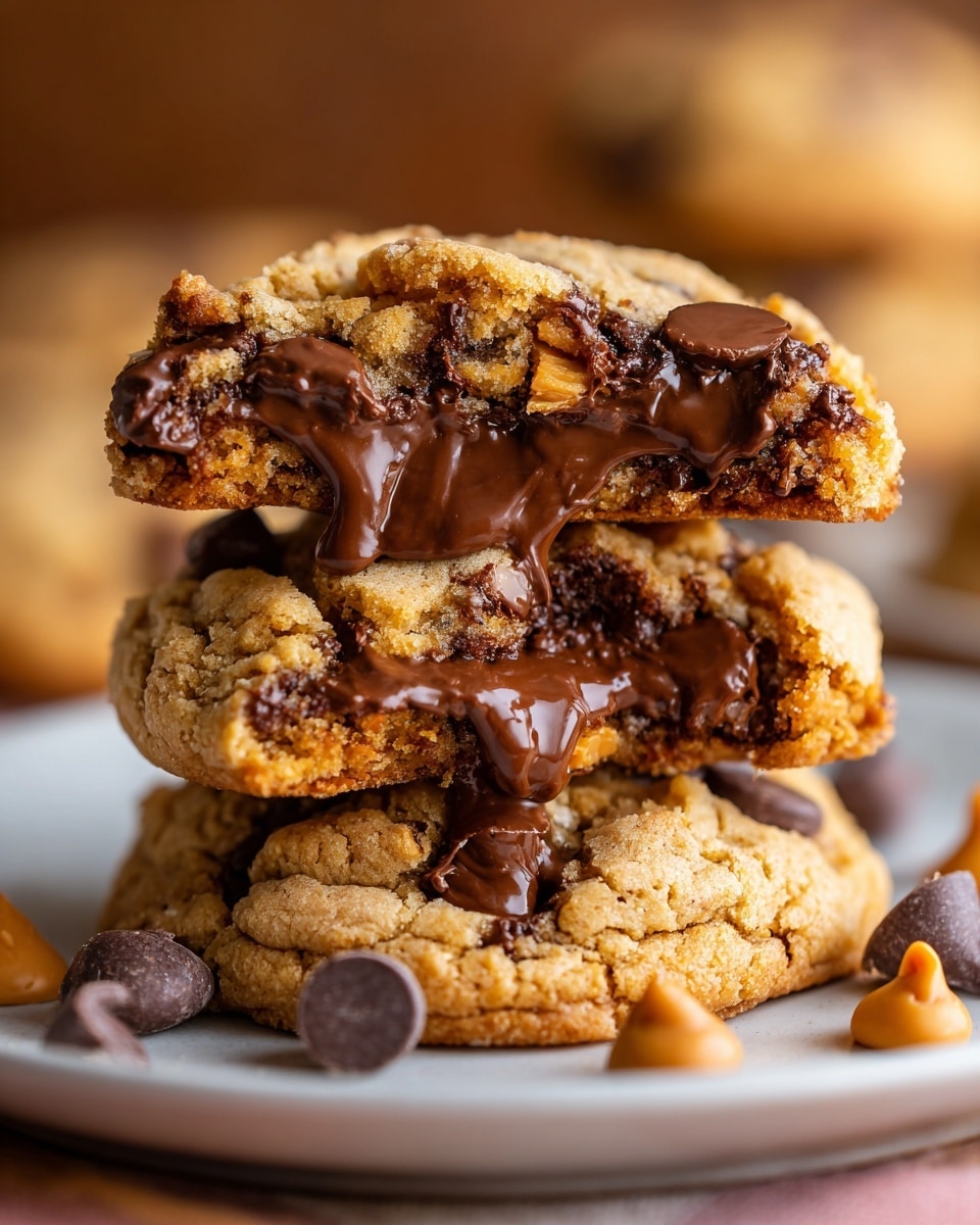 The image shows a stack of three thick peanut butter cookies with chocolate chips on a white plate. Each cookie is golden brown with a rough, crumbly texture. The bottom cookie is resting flat on the plate, the second cookie is slightly tilted on top of it, and the top cookie is cracked open to reveal melted chocolate inside. A couple of loose chocolate chips and peanut butter drops are scattered around the plate. The background has a soft focus with warm tones and a white marbled surface. Photo taken with an iphone --ar 4:5 --v 7