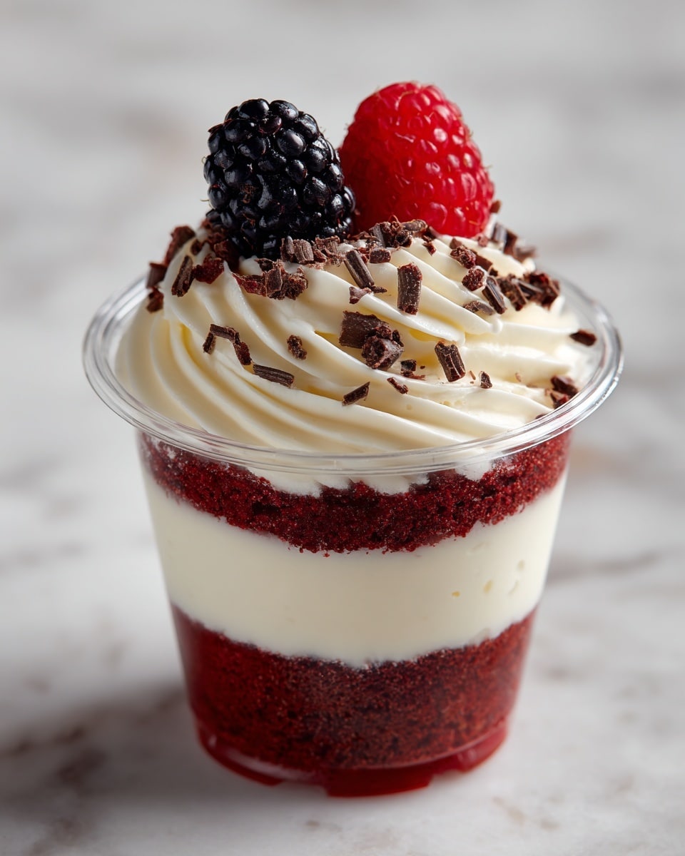 A small dessert cup shows three layers: the bottom layer is a deep red crumbly cake, the middle layer is smooth and creamy white filling, and the top layer is another thin layer of red cake crumbs. On top, there is a thick swirl of white whipped cream with dark chocolate shavings around it and two fresh berries—one raspberry and one blackberry—placed in the center. The cup sits on a white plate over a white marbled surface. photo taken with an iphone --ar 4:5 --v 7