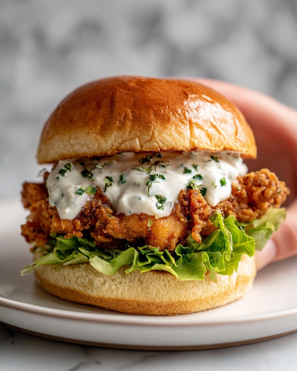 A close-up view of a fried chicken sandwich on a soft, golden-brown bun with a shiny top. The sandwich has two main layers inside: a crispy, golden fried chicken fillet with rough texture and some white creamy sauce drizzled on top, sprinkled with green herbs. Below the chicken is a layer of fresh, curly green lettuce adding color and crunch. The sandwich is placed on a clean white rectangular plate sitting on a white marbled surface. The photo taken with an iphone --ar 4:5 --v 7