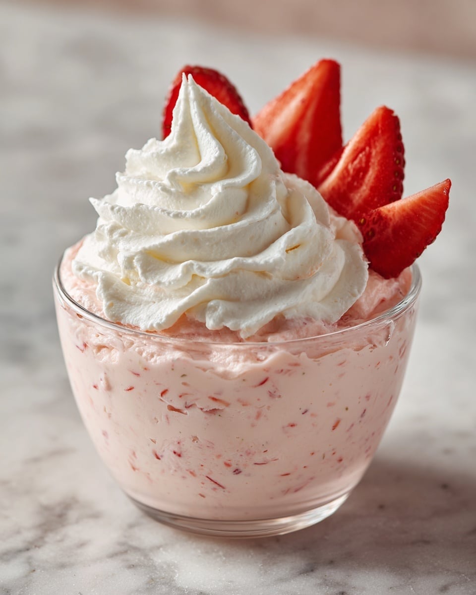 A glass bowl filled with a soft, light pink creamy mixture with visible small red strawberry pieces, topped with a thick swirl of white whipped cream. Two bright red, fresh strawberry halves are placed upright at the back edge of the whipped cream, adding a pop of color. The bowl is placed on a white marbled surface with a blurred neutral background, giving focus to the creamy dessert. photo taken with an iphone --ar 4:5 --v 7