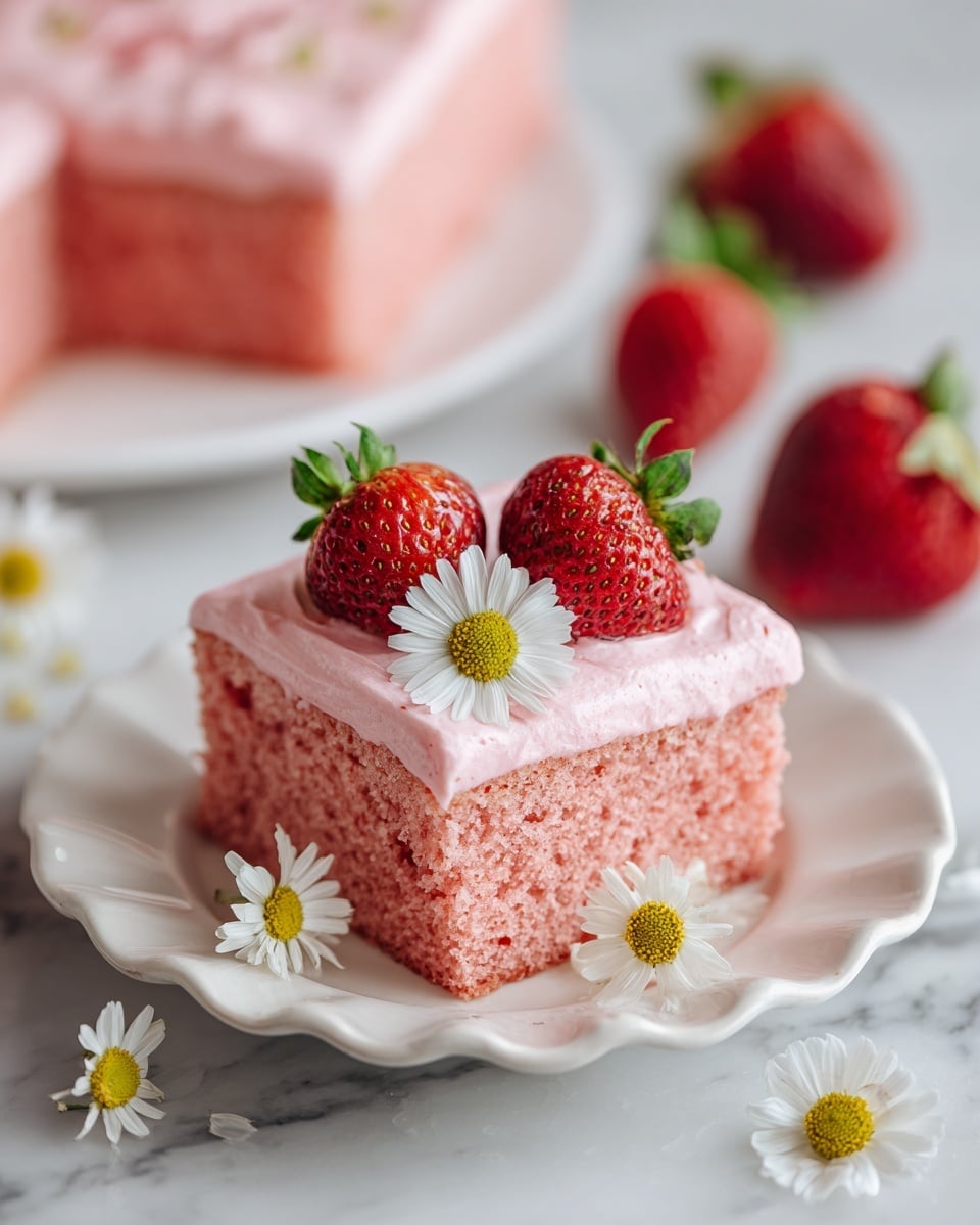 A square piece of light pink strawberry cake with a fluffy texture sits on a white scalloped plate, topped with a thick layer of creamy pink strawberry frosting. On top of the frosting, there are two small, bright red strawberries with green stems and a small white daisy flower with a yellow-green center placed between them. In the background, there is a larger piece of the same strawberry cake with the same frosting layer. Fresh strawberries and white daisies are scattered around the white marbled surface under the plate. photo taken with an iphone --ar 4:5 --v 7