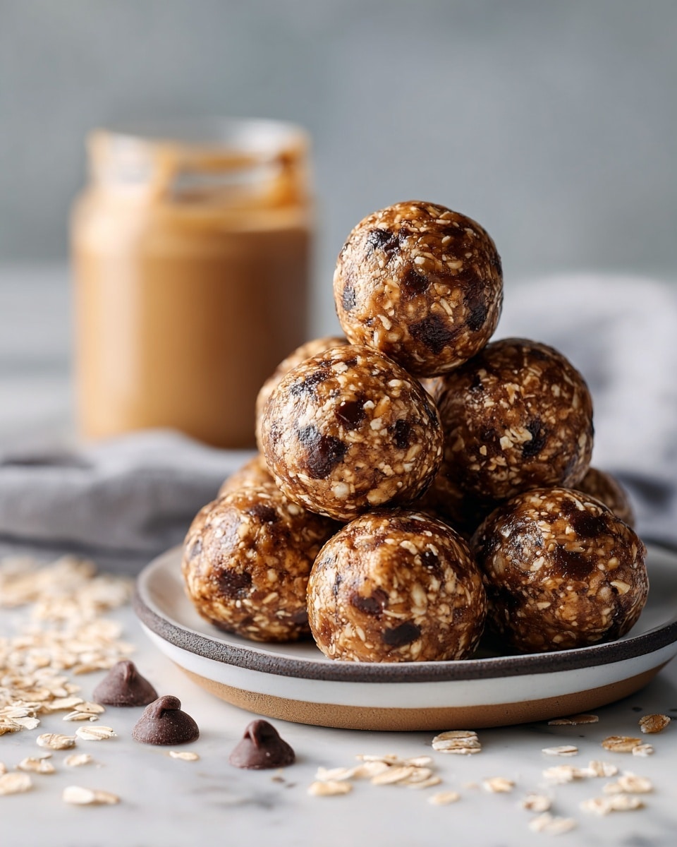 A stack of round energy balls made from oats and chocolate chips sits on a white plate with a dark rim, with about three layers of energy balls forming a small pyramid shape. The energy balls have a rough texture with visible pieces of oats and dark chocolate throughout, giving them a mixed light brown and dark brown color. Near the plate, there is a close-up view of some chocolate chips in a small white dish and a blurred jar of peanut butter in the background, all placed on a white marbled surface. photo taken with an iphone --ar 4:5 --v 7