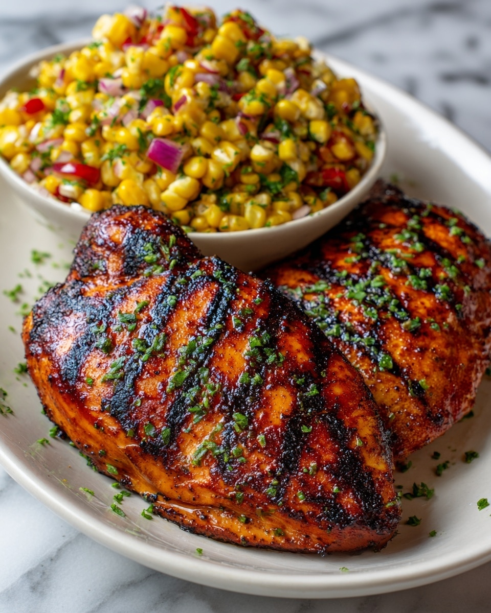 The image shows two grilled chicken pieces with dark grill marks and a shiny, slightly charred surface, garnished with chopped green herbs on top. Beside the chicken is a colorful side of corn salad, featuring yellow corn kernels, small red bell pepper pieces, and chopped onions mixed together with a creamy dressing. All the food is served on a white plate placed on a white marbled surface. Photo taken with an iphone --ar 4:5 --v 7