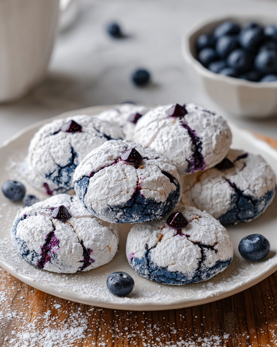 The image shows a white plate holding a stack of six round cookies and a few more cookies around it. Each cookie has a cracked surface with a bright blue base layer visible through the white powdered sugar coating, giving a crinkled texture. Dark blue or purple small berries are embedded on top of each cookie in small groups or pairs. The plate is placed on a white marbled surface with a few fresh blueberries and some powdered sugar scattered around, adding to the fresh and homemade feel. Photo taken with an iphone --ar 4:5 --v 7