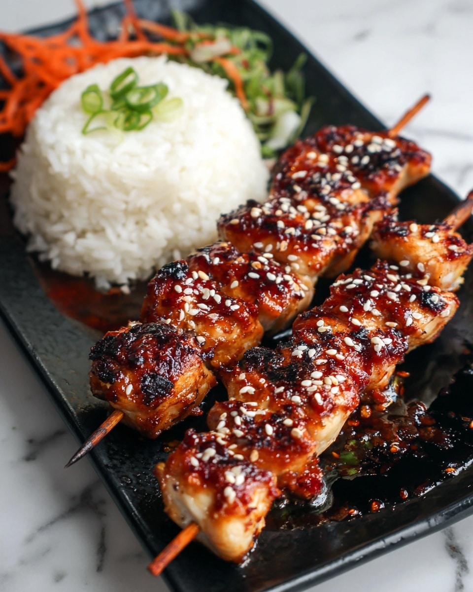 The image shows two skewers of grilled chicken glazed with a shiny, dark brown sauce, with small charred spots giving a textured look. The chicken pieces are medium-sized and slightly irregular in shape, covered with white sesame seeds sprinkled evenly on top. Behind the skewers, there is a mound of white rice garnished with small green onion slices. On the left side, some green vegetable and thin orange strands, likely pickled, add color contrast. Everything is served on a black rectangular plate placed on a white marbled surface. photo taken with an iphone --ar 4:5 --v 7