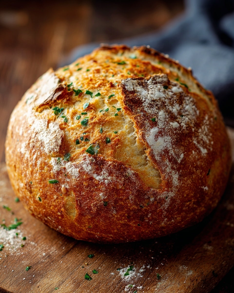 The image shows a round loaf of bread with a golden-brown crust that looks crispy and slightly cracked on top. The surface has light dusting of white flour, with visible small pieces of green herbs mixed into the dough. The bread appears to be sitting directly on a wooden board, with a soft inside visible through the cracks on the top. The overall look is rustic and fresh. photo taken with an iphone --ar 4:5 --v 7