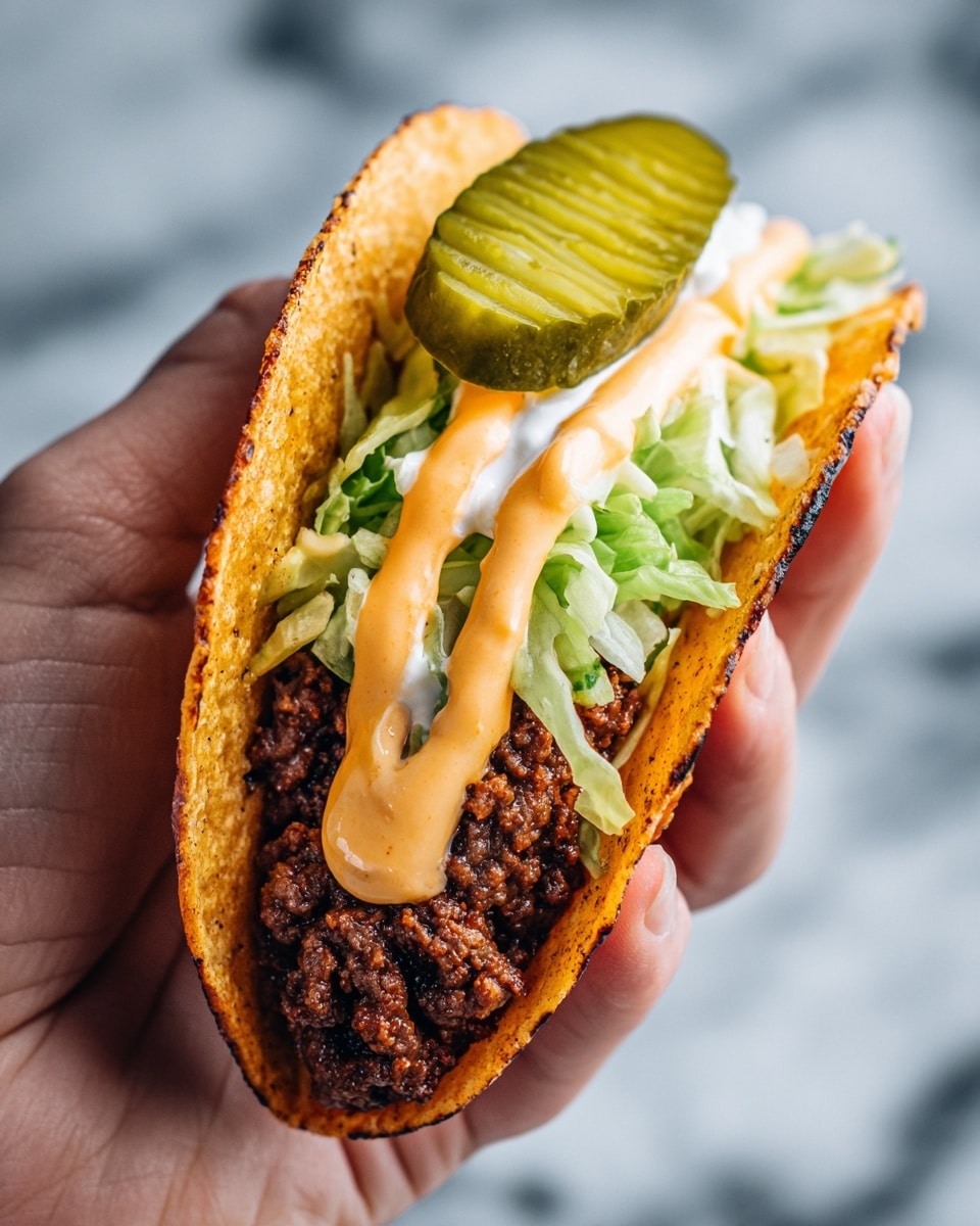 A close-up image showing a woman's hand holding a small taco with a warm, slightly browned soft tortilla shell. Inside, the bottom layer is a dark brown, grilled ground beef patty. Above that sits a thin layer of shredded light green lettuce. Next comes a creamy pale orange sauce drizzled over the lettuce, topped with a ridge-textured, slightly shiny green pickle slice. Finally, there is a small dollop of white sour cream peeking out near the pickle. The background is out of focus with a white marbled texture. photo taken with an iphone --ar 4:5 --v 7