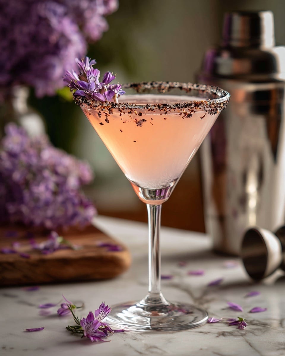 The image shows a clear martini glass filled with a soft pink drink. On the rim of the glass, there is a layer of coarse salt crystals, giving a rough white texture. Inside the drink, the liquid looks smooth and slightly frothy. On top, a small sprig of purple flowers rests delicately, adding a bright splash of natural color. The background has a white marbled texture with some blurred purple flowers and small objects giving a cozy, natural feeling. A woman's hand is not visible but the focus is on the elegant drink. Photo taken with an iphone --ar 4:5 --v 7