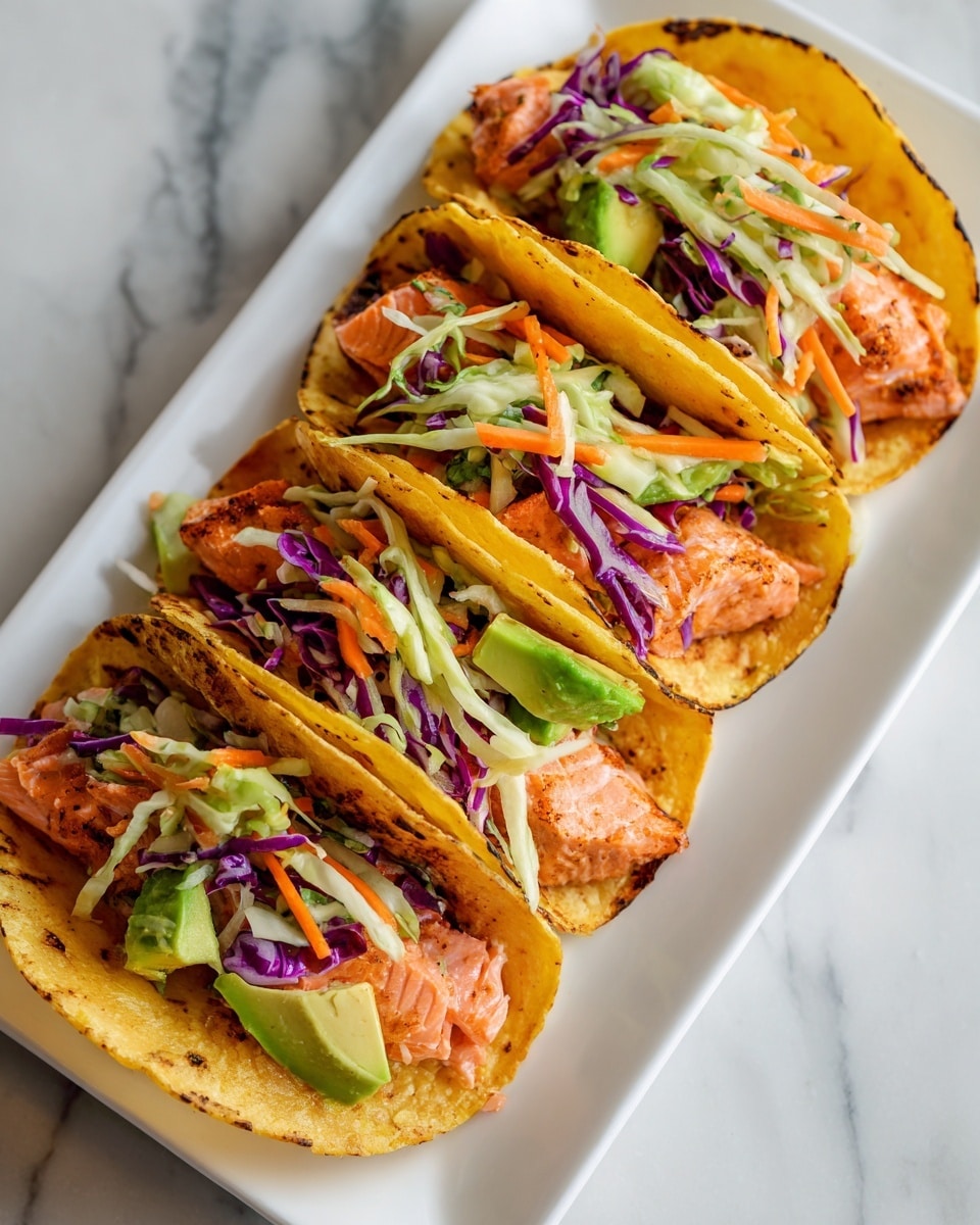 The image shows four grilled yellow corn tacos arranged in a row on a white oval plate set on a white marbled background. Each taco is filled with layers starting with grilled salmon pieces at the bottom, topped with light green avocado chunks, thin purple onion slices, shredded light green cabbage, and thin orange carrot strips on top. The tacos have a slightly charred texture and are standing upright, showing off the colorful fresh fillings inside. photo taken with an iphone --ar 4:5 --v 7