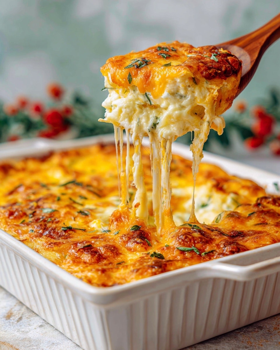 A close-up of a white square baking dish filled with a cheesy casserole. The top layer is bright orange melted cheese with a few small green herbs sprinkled on it. A wooden spoon lifts a scoop from the dish, showing stretchy, gooey melted cheese strings pulling away from the top layer. Underneath the cheese is a creamy mixture with visible bits of green vegetables and a soft texture. The dish is on a white marbled surface, and a white garlic bulb is at the bottom right corner in the foreground. Photo taken with an iphone --ar 4:5 --v 7