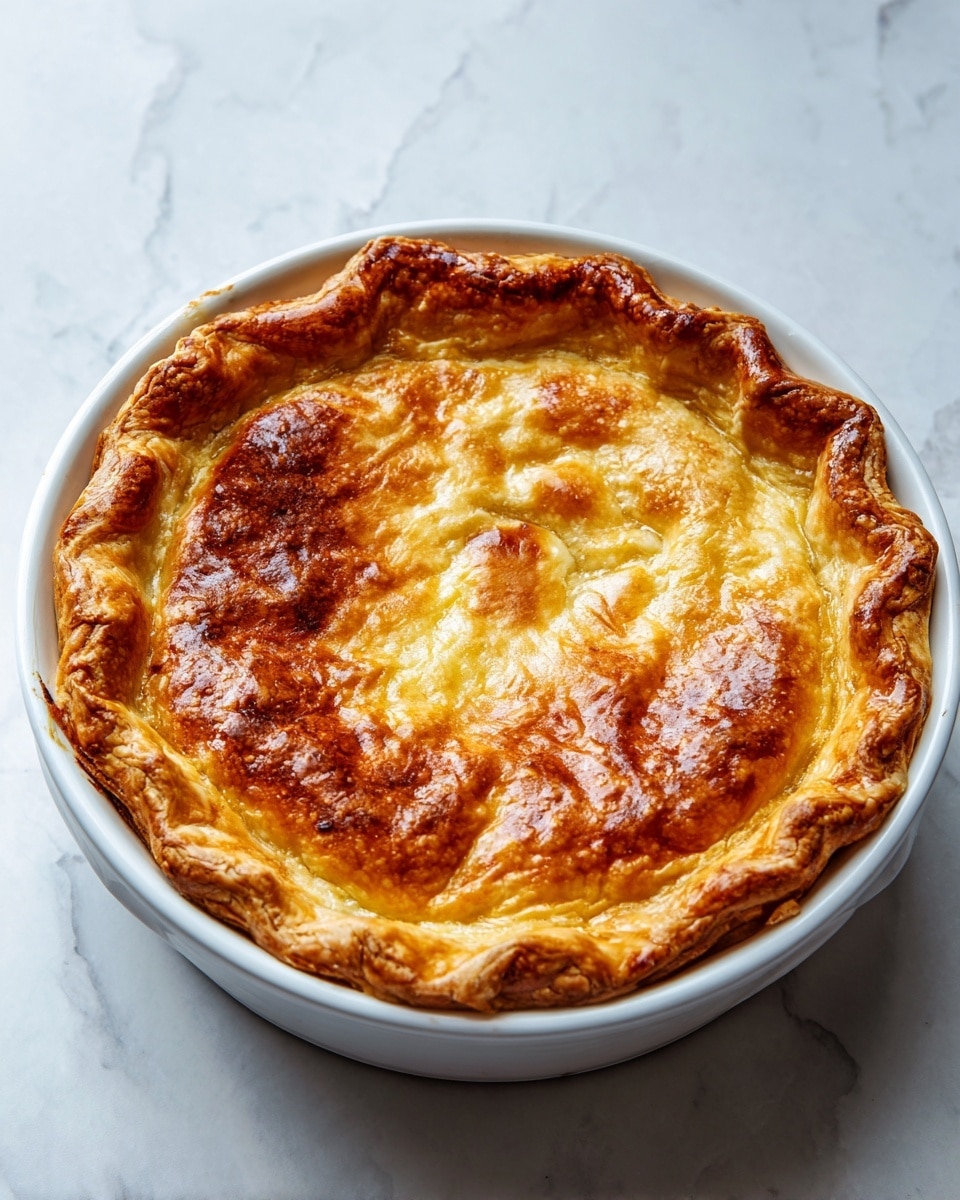 A round baked pie with a golden-brown crust sits in a white ceramic dish. The crust is thick and flaky with uneven edges that rise slightly above the dish’s rim. The top layer has a smooth, shiny surface with light brown spots, showing it was brushed with an egg wash before baking. The pie is whole and unopened, with no visible filling. The dish is placed on a surface with a white marbled texture and there is soft natural light coming from the side. Photo taken with an iphone --ar 4:5 --v 7