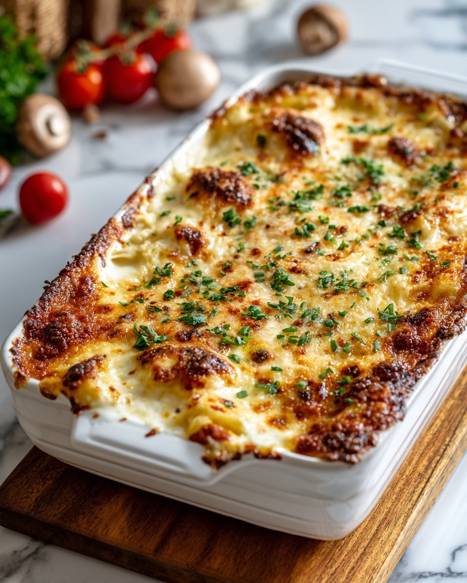 The dish is a creamy baked pasta in a white ceramic baking dish with red sides. The bottom layer consists of cooked pasta mixed with mushrooms in a thick white sauce, visible through the edges. On top is a golden brown crust made of melted cheese and breadcrumbs, sprinkled with chopped green herbs. The surface looks crunchy and slightly browned around the edges, giving a warm and inviting texture. The dish sits on a wooden board with a white marbled texture in the background. photo taken with an iphone --ar 4:5 --v 7