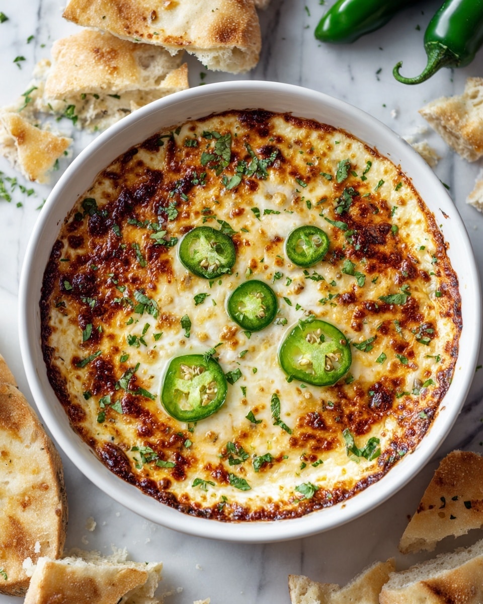 A round white casserole dish filled with a baked cheesy dip that has a golden-brown bubbly top layer with slightly crispy edges. The top is scattered with thin slices of fresh green jalapeños and small green herb leaves, adding pops of bright green. Surrounding the dish are pieces of light brown crackers and torn white bread slices, all set against a white marbled surface. Photo taken with an iphone --ar 4:5 --v 7