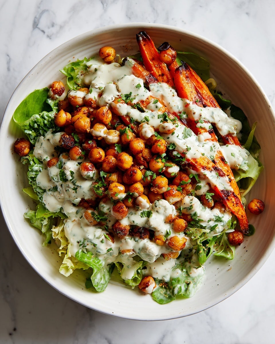 A white bowl filled with three visible layers: the bottom layer is made of fresh green spinach leaves, the middle layer contains roasted orange carrot and golden chickpea pieces with a slightly crispy, charred texture, and the top layer is drizzled with creamy, white dressing speckled with green herbs, garnished with chopped fresh green parsley scattered across. The white marbled surface under the bowl is softly blurred. photo taken with an iphone --ar 4:5 --v 7