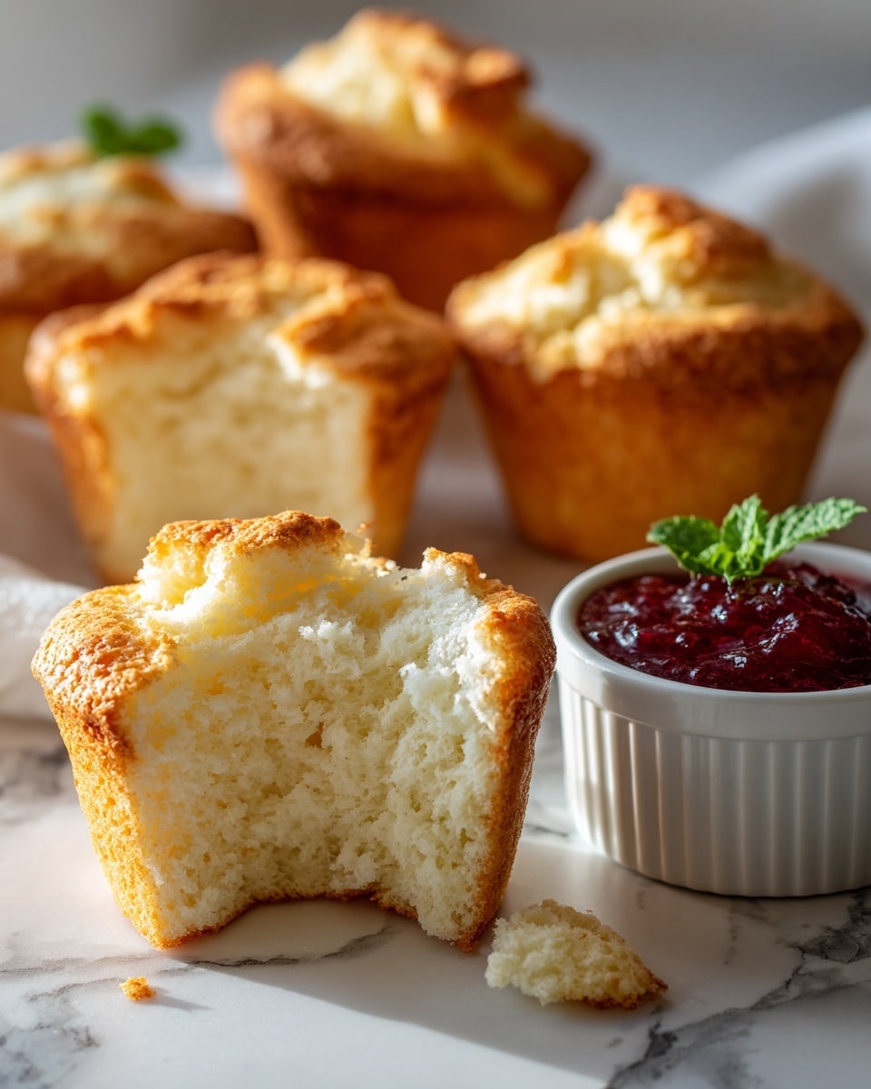 The image shows several classic angel food cupcakes with a light, airy texture and a golden brown crust on top. One cupcake in the front is broken open, revealing the soft, white, fluffy inside with delicate air pockets. Behind this, there are whole cupcakes with uneven, slightly crumbled tops. To the side, a small white ramekin holds a deep red berry jam garnished with a small green mint leaf. The cupcakes are placed on a white marbled surface with soft natural light highlighting their texture and color. Photo taken with an iphone --ar 4:5 --v 7