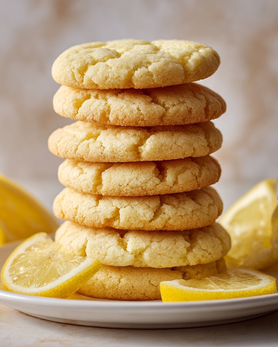 A stack of seven round, soft-looking lemon cookies with cracked tops and a pale yellow color sits on a white plate. Thin lemon slices are placed around the base of the cookie stack on the plate. The background is a white marbled texture with warm lighting that highlights the texture of the cookies. photo taken with an iphone --ar 4:5 --v 7