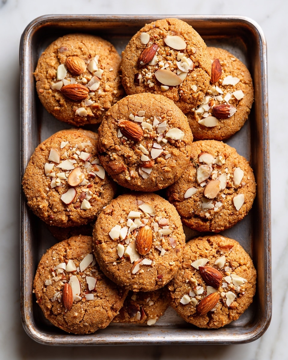 The image shows many small, round cookies placed closely together on a silver baking tray. Each cookie has a golden brown color with a rough texture and is topped with small white almond flakes and chopped nuts. The cookies have a slightly uneven surface, giving them a homemade look. The background is a white marbled surface. photo taken with an iphone --ar 4:5 --v 7