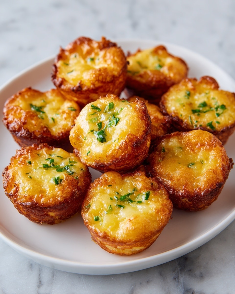 Eight small, round fritters with a rough, crispy golden-brown base topped with melted, light yellow cheese showing some green bits, all placed on a white plate over a white marbled surface. The fritters have irregular edges where the crispy base spreads slightly outward and the cheese layer is glossy and uneven, sitting nicely on top with some air bubbles and slight browning. photo taken with an iphone --ar 4:5 --v 7