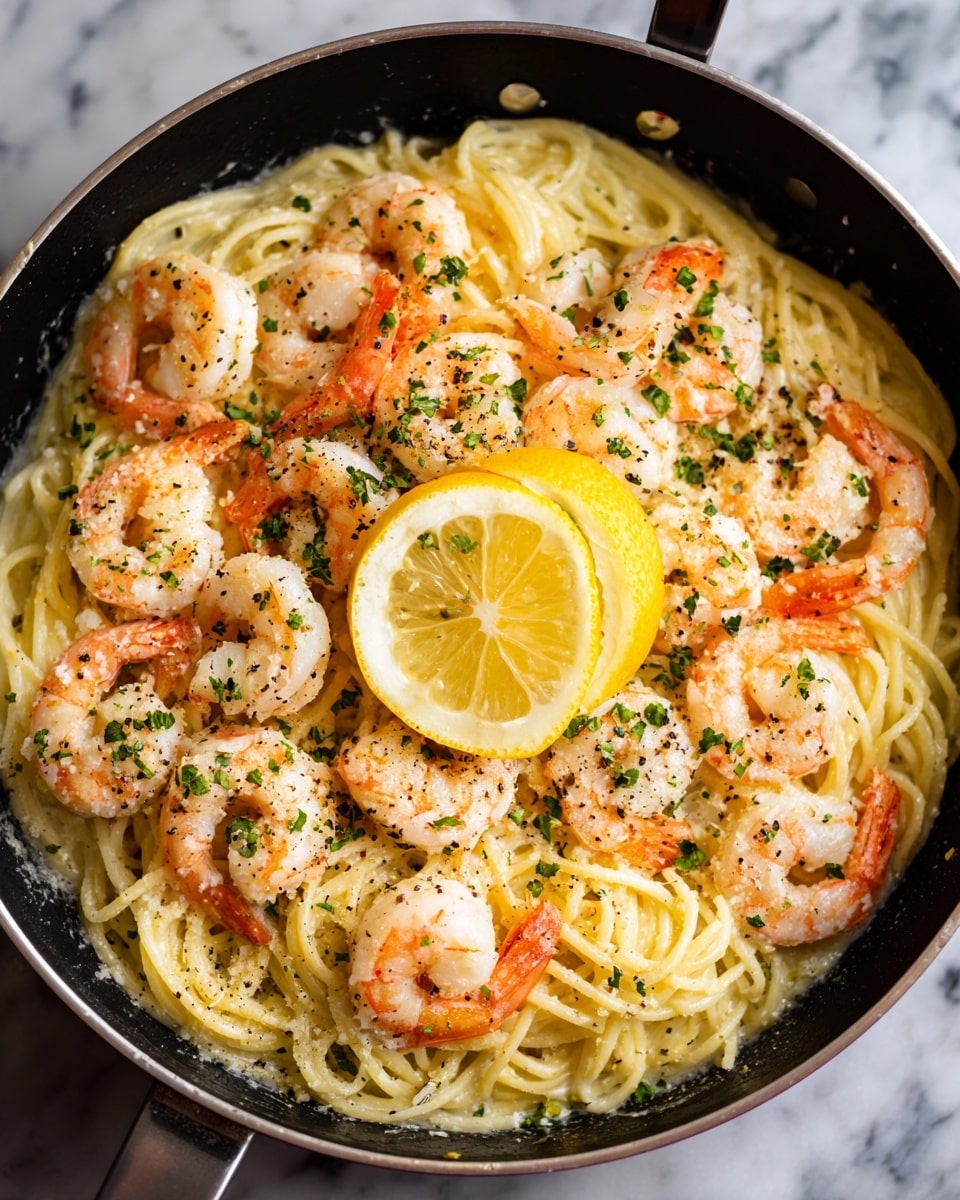 A close-up view of a pasta dish in a white bowl, showing a bed of light yellow spaghetti noodles at the bottom with a glossy, slightly oily texture. On top, there are about ten plump shrimp arranged evenly, each shrimp cooked to a light pink and white color with some black pepper and green herbs sprinkled all over. Near the center, there's a bright yellow lemon wedge resting gently on the noodles. The shrimp have small details of char marks and shine, and the dish overall looks warm and freshly cooked. The background has a white marbled texture. photo taken with an iphone --ar 4:5 --v 7