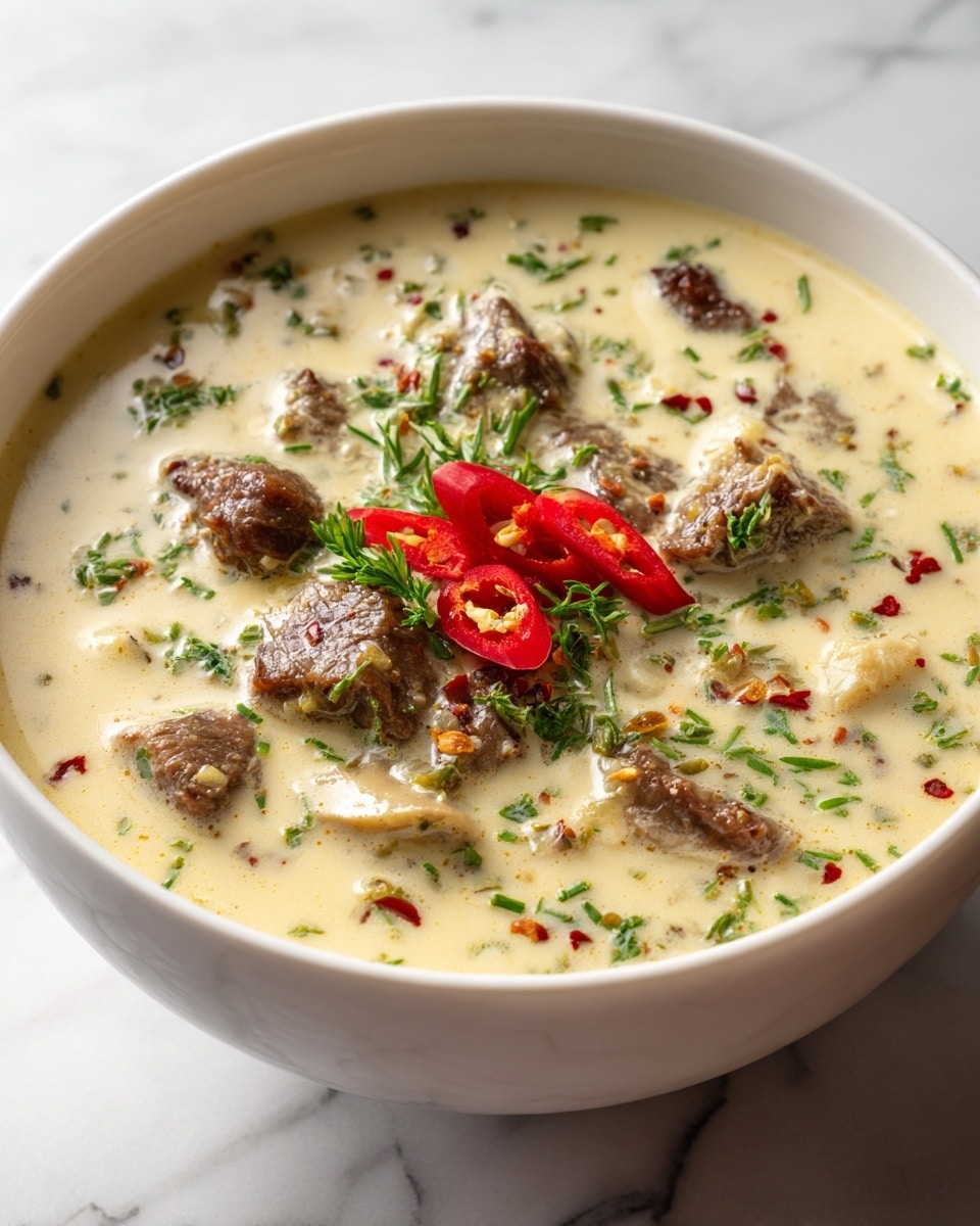 A white bowl filled with a creamy soup that has chunks of brown meat scattered throughout, with small pieces of red chili and green herbs sprinkled on top, giving a fresh and spicy look. The creamy broth is light beige with specks of black pepper and herbs floating in it. The bowl sits on a white marbled surface, creating a clean and bright background. Photo taken with an iphone --ar 4:5 --v 7