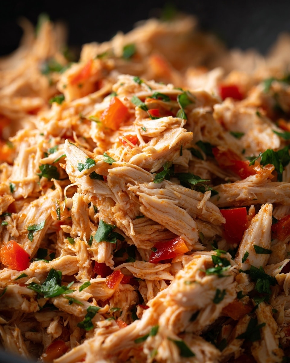 The image shows a close-up of shredded chicken mixed with small pieces of red and yellow bell peppers and garnished with green herbs scattered throughout. The chicken looks tender and juicy, with a slight orange tint from the seasoning or sauce. The texture is soft with visible fibers and a moist appearance, filling the entire frame. The background features a white marbled texture. Photo taken with an iphone --ar 4:5 --v 7
