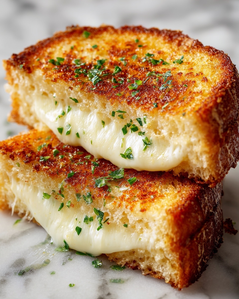 A close-up of a toasted sandwich cut diagonally with melted white cheese oozing out between two golden-brown slices of bread, sprinkled with small green herbs on top. The bread has a crispy texture with a slightly rough surface and is stacked in two thick layers with the gooey cheese in the middle layer. It is placed on a white plate against a white marbled background. photo taken with an iphone --ar 4:5 --v 7