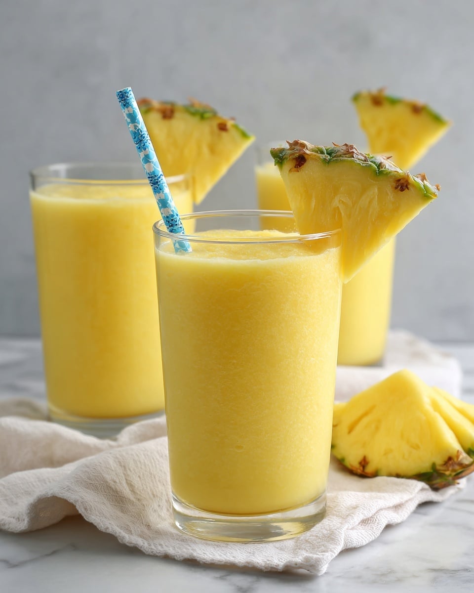 Three clear glasses filled with bright yellow pineapple smoothies are shown, each topped with a fresh triangular slice of pineapple with a green rind. The glass in front has a blue and white striped straw and sits on a folded white towel, while the other two glasses are plain and positioned slightly behind it on a white marbled surface. The texture of the smoothie looks creamy and smooth, filling each glass nearly to the top. Photo taken with an iphone --ar 4:5 --v 7
