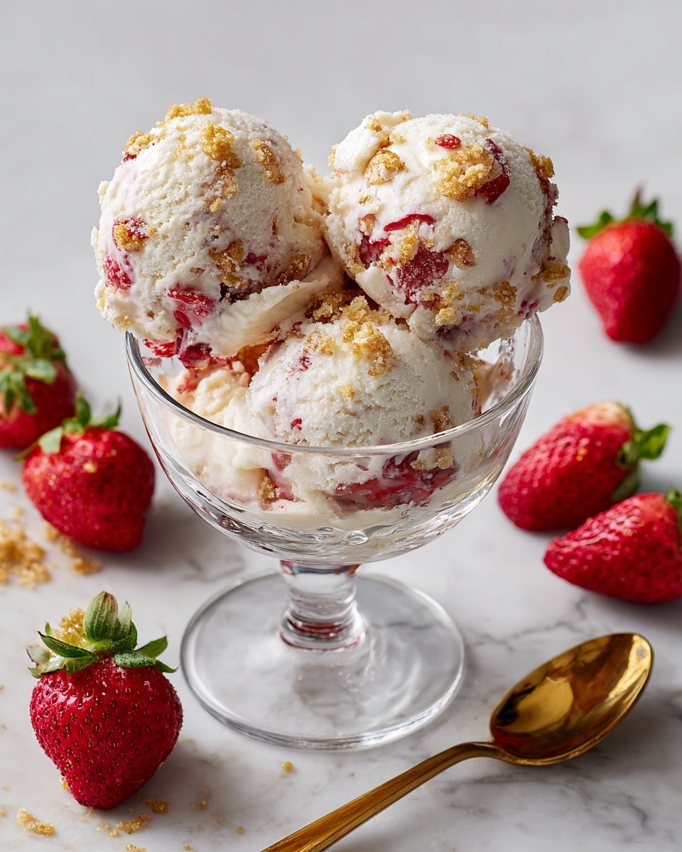 A clear glass dessert cup holds three scoops of creamy white ice cream mixed with visible red strawberry pieces and sprinkled with light brown crumbly bits on top and inside. The dessert cup stands on a short pedestal and is placed on a white marbled surface. Around the cup, there are whole fresh red strawberries with green leaves and a halved strawberry showing the inside. A gold spoon lies next to the cup on the surface. The scene is softly lit, highlighting the creamy texture and bright strawberry colors. Photo taken with an iphone --ar 4:5 --v 7