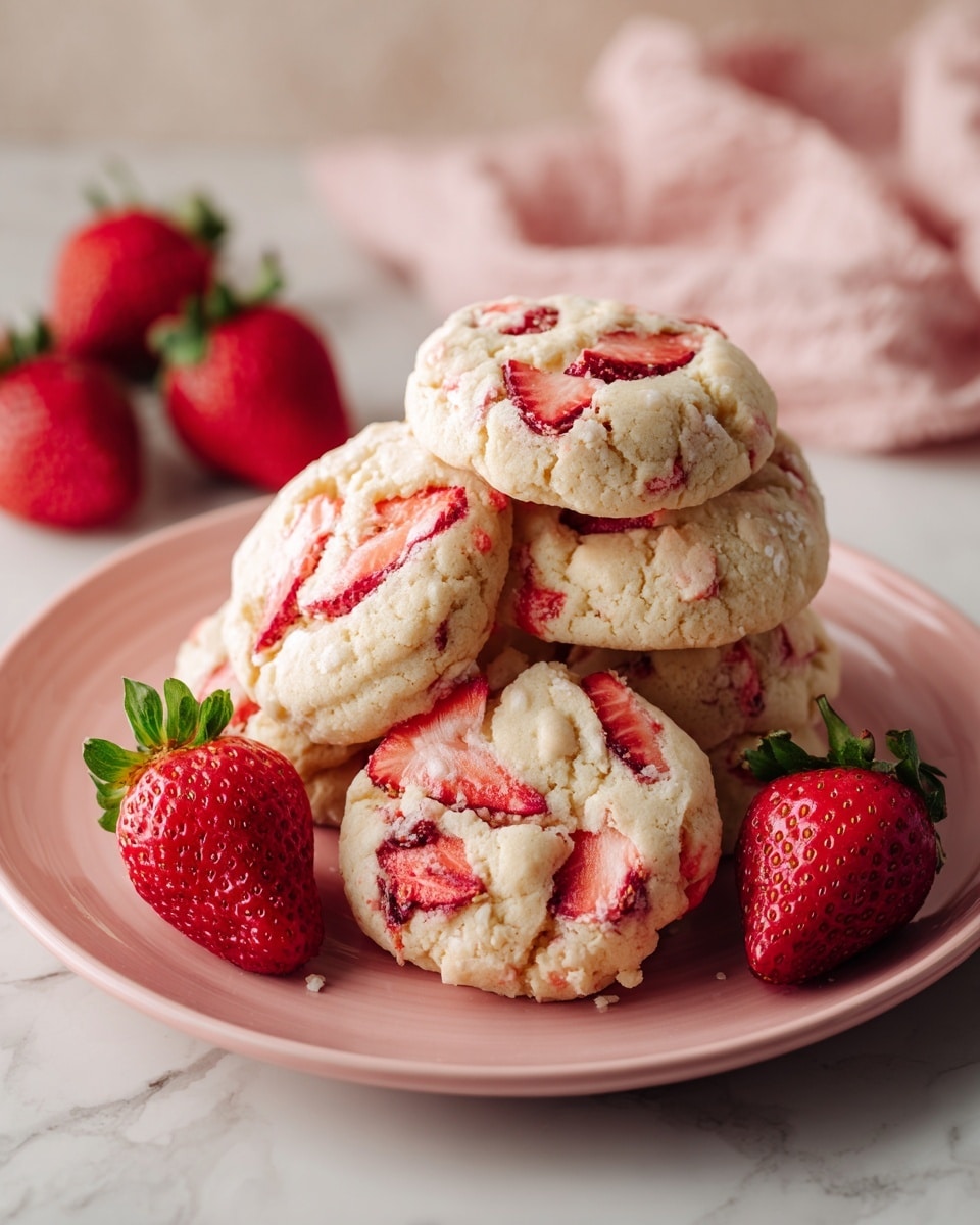A stack of seven round waffles with a light golden-brown crumbly texture, each waffle embedded with several bright red, sliced strawberry pieces visible on top, arranged on a white plate. The waffles appear soft and thick, with an uneven surface dotted by crumb bits. On the plate, there are also two halved fresh strawberries with green leafy tops, placed to the side of the waffles. The background is a white marbled surface with soft natural light enhancing the colors and textures. photo taken with an iphone --ar 4:5 --v 7
