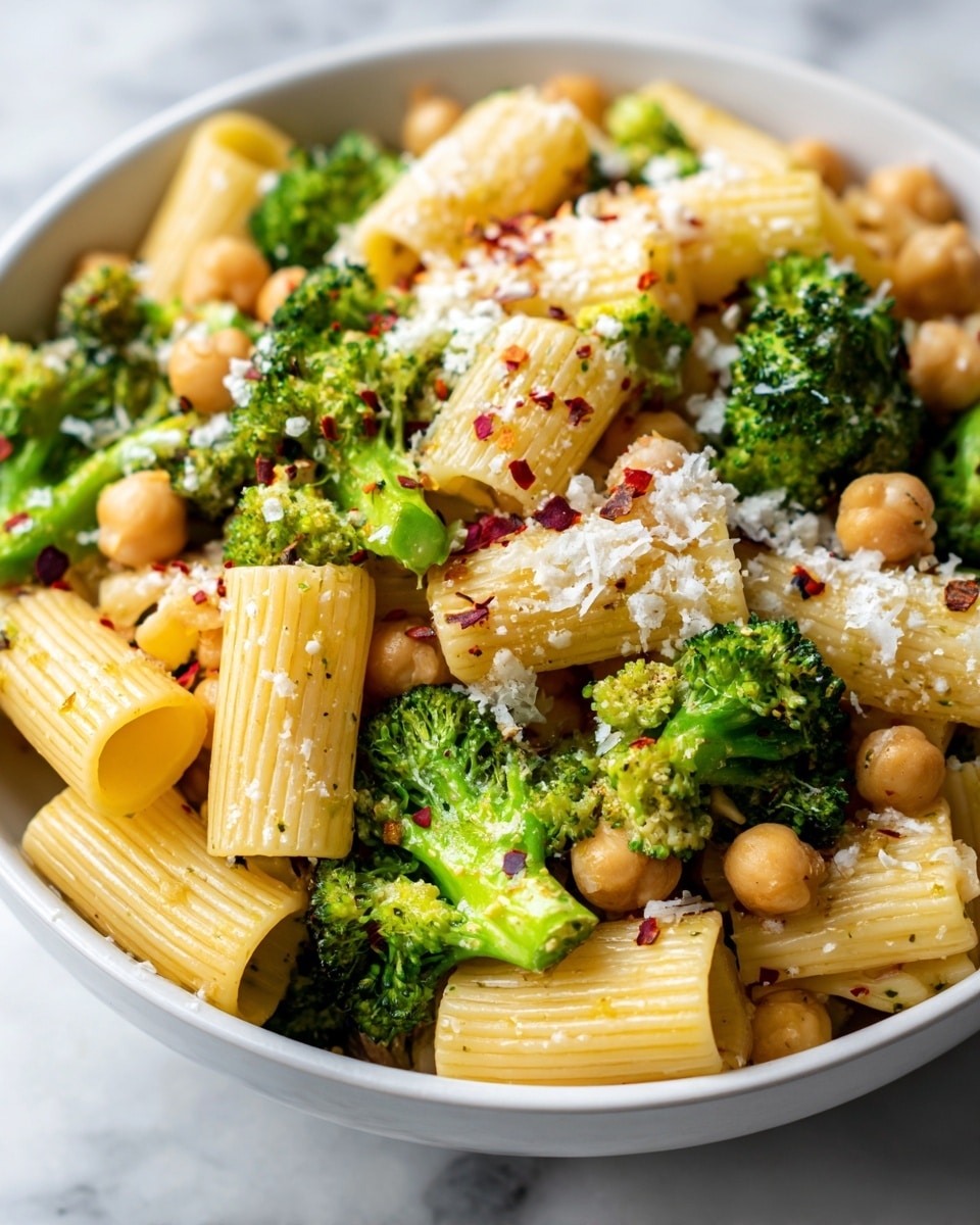 A close-up view of a white bowl filled with three main layers: large broccoli florets in bright green with a slightly roasted look, creamy rigatoni pasta tubes with a pale yellow color, and golden chickpeas scattered evenly. The pasta and broccoli are mixed with finely grated cheese sprinkled on top, and small red chili flakes add specks of color throughout. The bowl sits on a white marbled surface. photo taken with an iphone --ar 4:5 --v 7