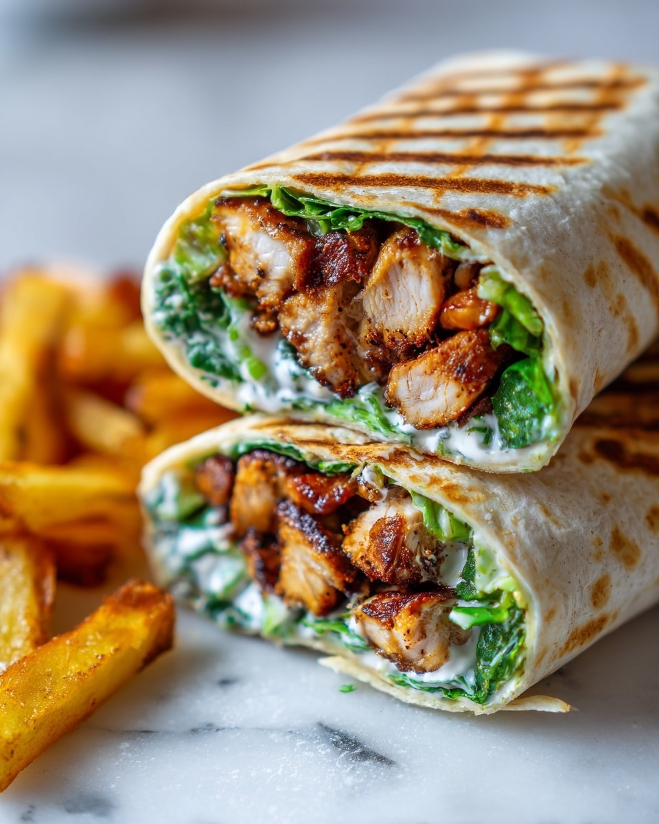 The image shows two halves of a grilled wrap stacked on top of each other on a white plate, resting on a white marbled surface. Each wrap has a visible thick grilled tortilla with brown grill marks. Inside, there are three main layers: the top layer has bright green lettuce, the middle layer contains chunks of golden-brown grilled chicken pieces, and the bottom layer features a creamy white sauce mixed with some green herbs. The colors contrast well, showing freshness and texture clearly. Photo taken with an iphone --ar 4:5 --v 7