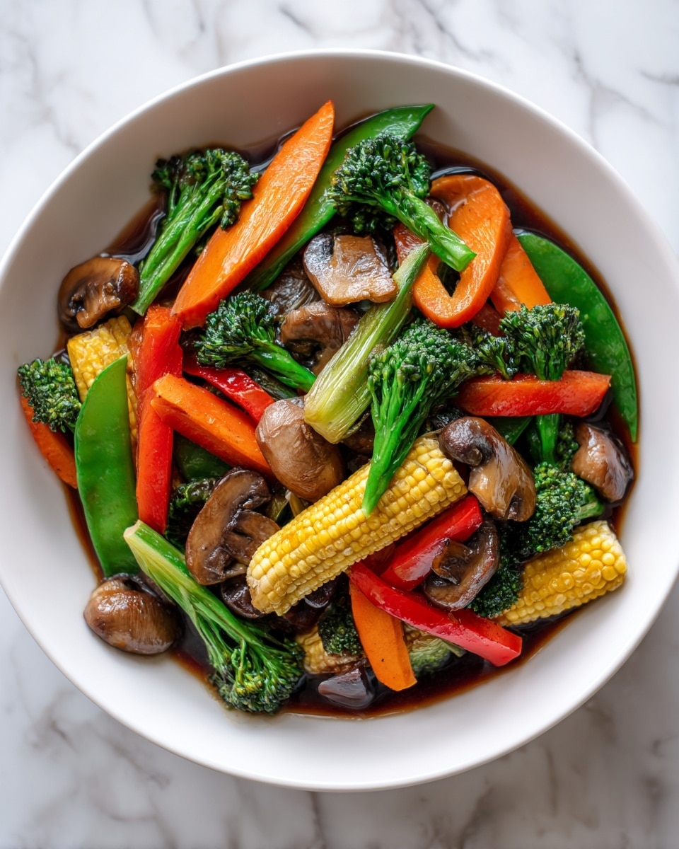 A close-up view of a bowl filled with a colorful stir-fry of vegetables. The bottom layer shows bright green broccoli florets and snap peas, while vibrant orange carrot slices and baby corn are scattered throughout. On top, browned mushroom slices add a slightly glossy texture, along with thin red and yellow bell pepper strips. The vegetables are coated in a light shiny sauce that gives the dish a fresh, cooked look. The bowl is white, set against a white marbled background. photo taken with an iphone --ar 4:5 --v 7