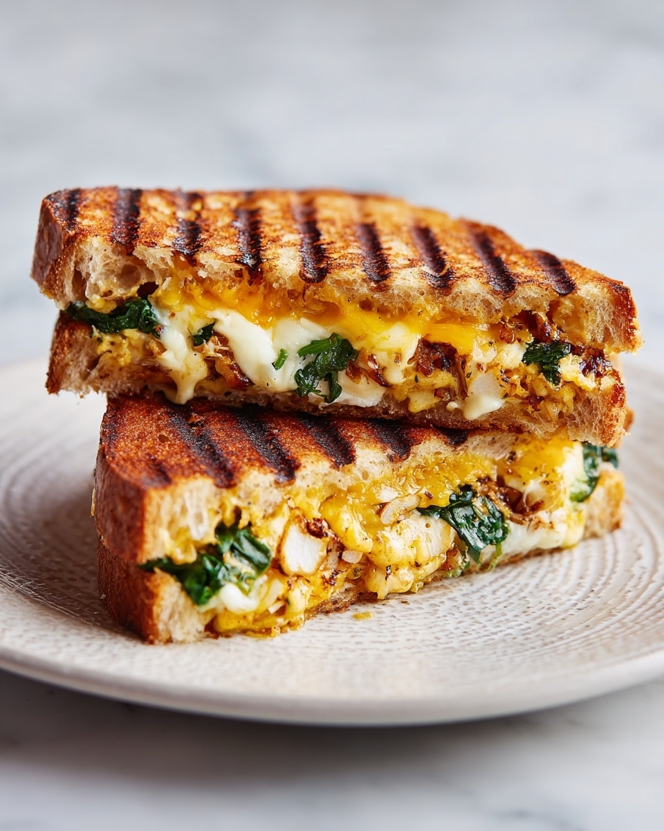 A grilled sandwich cut in half and stacked, placed on a white plate with a blue pattern. The sandwich has two thick slices of golden brown toasted bread with clear grill marks on top. Inside, there are three layers: the first layer is melted white cheese, the second layer is bright yellow melted cheddar cheese that oozes slightly, and the third layer is fresh dark green spinach leaves. The melted cheese looks creamy and soft, while the bread is crisp and crunchy. The background shows a blurred indoor setting with a warm tone. photo taken with an iphone --ar 4:5 --v 7
