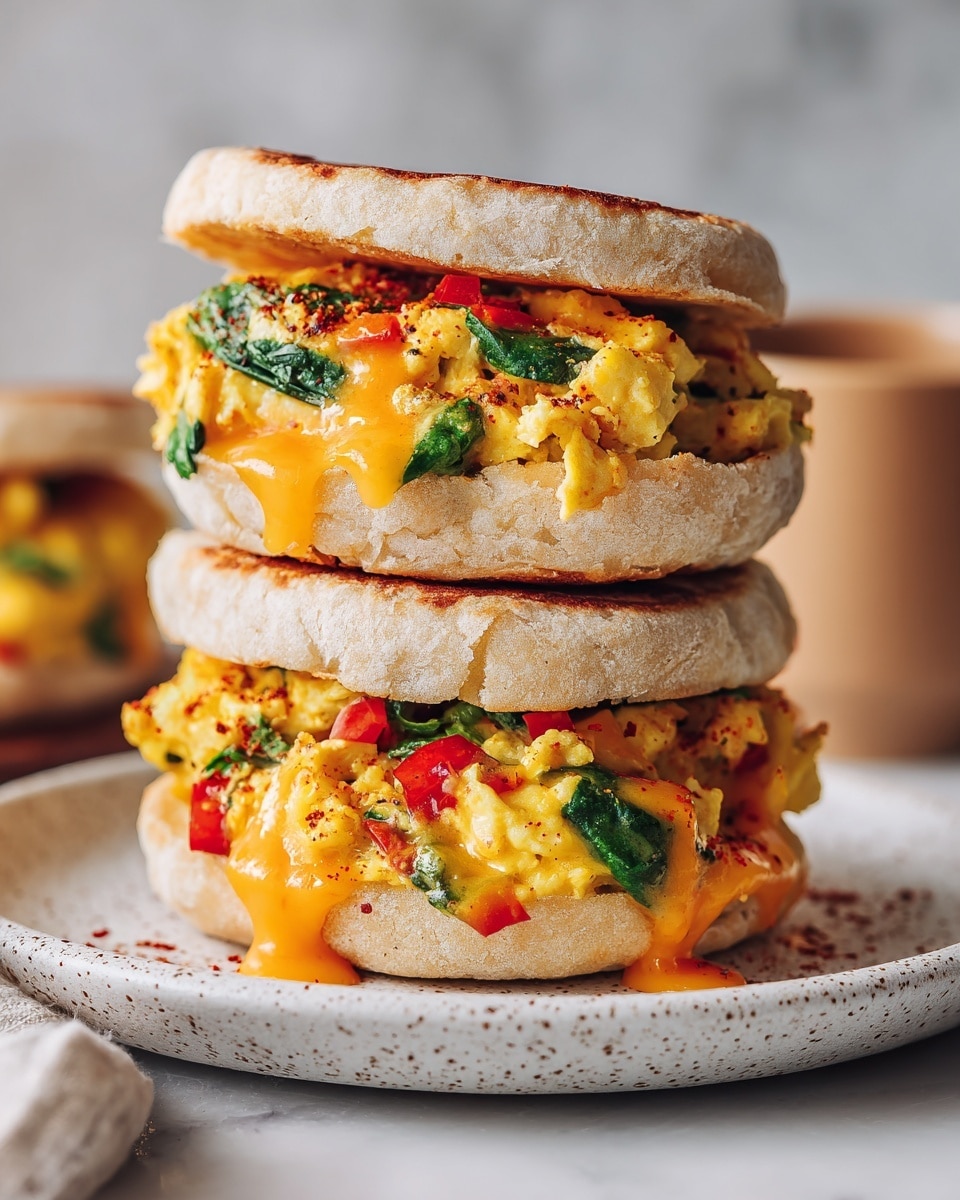 A stack of three breakfast sandwiches on a white plate with small blue spots, placed on a white marbled surface. Each sandwich has three visible layers: a lightly toasted English muffin with a soft, fluffy texture and light brown spots on top and bottom, a thick folded egg layer mixed with bright red bell pepper pieces and green herbs adding color and texture, and a melted yellow cheddar cheese slice that slightly drips down the sides. The top sandwich is slightly tilted, showing all layers clearly. In the background, a blue and white cloth is partially visible. Photo taken with an iphone --ar 4:5 --v 7