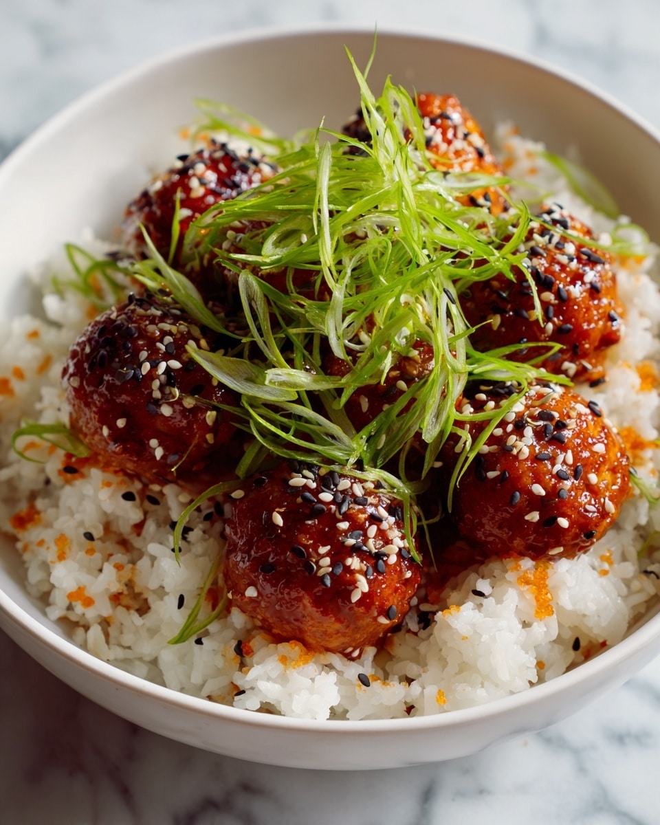 A white bowl filled with a base layer of fluffy white rice speckled with small red sauce spots. On top are six glossy, golden-brown meatballs covered in a shiny red glaze sauce, each sprinkled with black and white sesame seeds. Thin, curly strips of pale green and white scallions rest atop the meatballs as a garnish. The bowl sits on a white marbled surface. Photo taken with an iphone --ar 4:5 --v 7