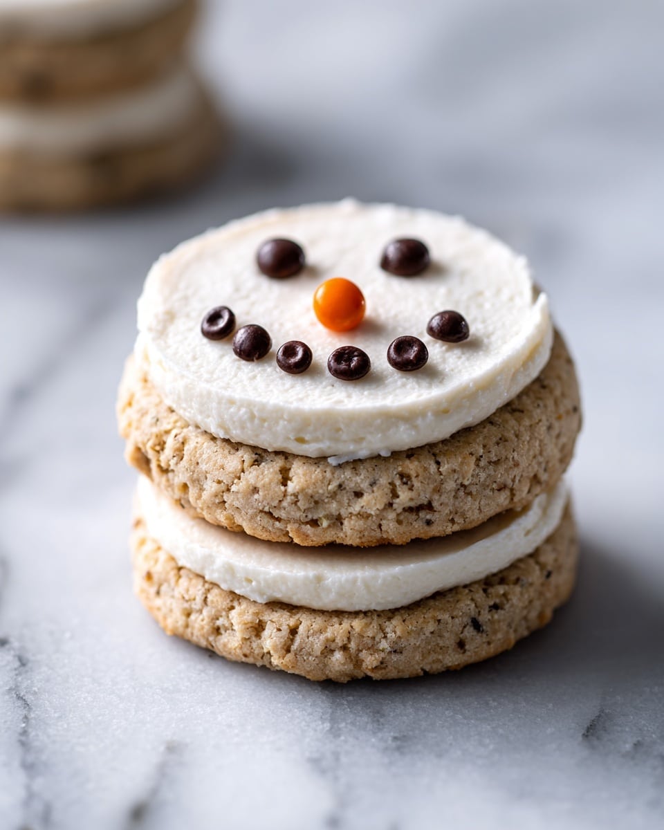 The image shows a stack of soft cookies on a white marbled surface, with the top cookie decorated to look like a snowman's face. The bottom layer is a thick, beige cookie with a rough texture, topped by a thick layer of smooth white frosting. Above this is another beige cookie, also rough-textured, and crowning the stack is a third cookie with a thick white frosting layer spread evenly. This top layer is decorated with small round dark chocolate pieces forming eyes and mouth, and a small orange piece in the center as the nose, creating a simple snowman face. Photo taken with an iphone --ar 4:5 --v 7