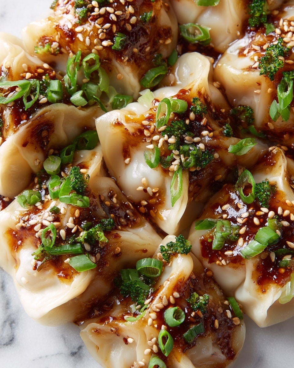 A close-up of a bowl filled with several light golden dumplings arranged closely together, topped with a sauce made of dark brown oil and tiny brown sesame seeds. Bright green chopped scallions cover the dumplings evenly. The texture of the dumpling wrappers looks soft and slightly shiny from the sauce. The bowl sits on a white marbled surface. photo taken with an iphone --ar 4:5 --v 7
